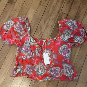 Z Supply Coral Floral Puff Sleeve Blouse